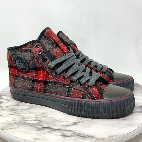 PF Flyers Hi Reissue Red/Gray Plaid Flannel Sneakers Unisex 9-MNS/10.5-WMS Skate